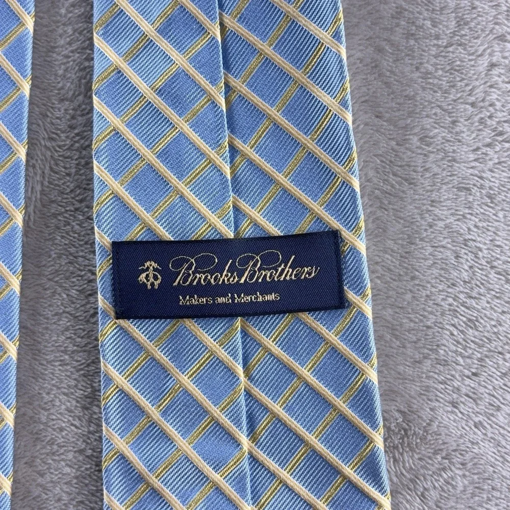 Brooks Brothers Necktie‎ Mens Blue Gold Windowpane Check Silk Classic Dress USA